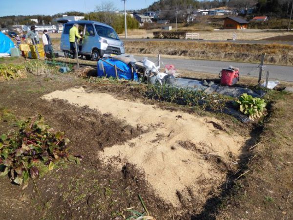 もみ殻と鶏糞をまいた様子